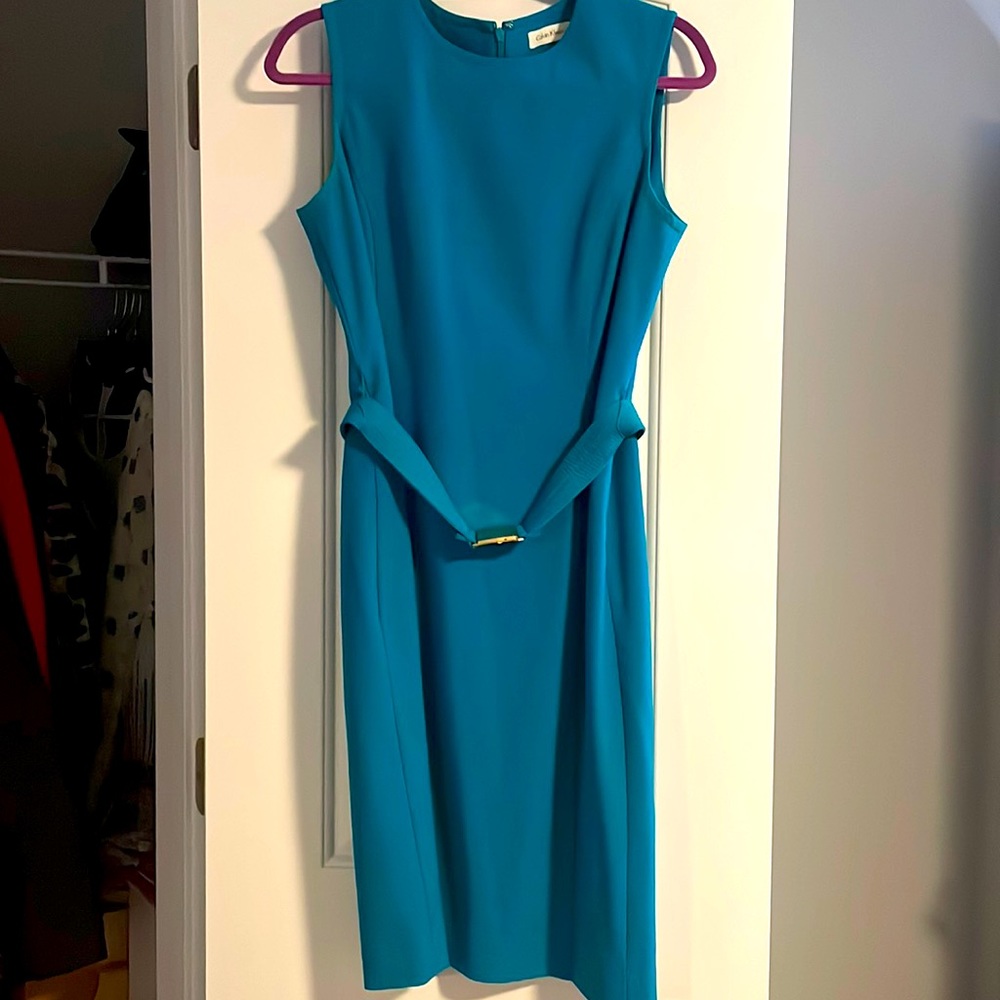 Calvin Klein Size 6 Aqua Shift Dress Belted